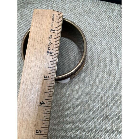 Vintage Brass & Wood Bangle Bracelet Brown Retro Jewelry Wide Cuff - Picture 6 of 8